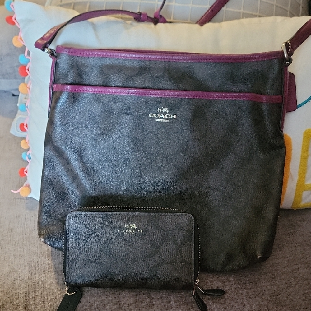 Coach Black and Purple Shoulder Bag with Wallet